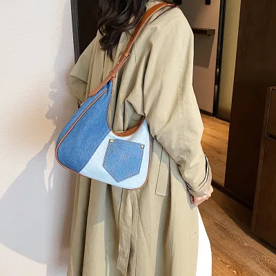 Denim Bag Women's New Fashionable Contrasting Color Handbag Versatile Ladies Underarm Shoulder Bag