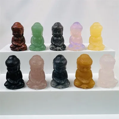Natural Stone Carved Reiki Healing Rose Quartz Crystal Rock Buddha Statue Carving Figurine for Fengshui