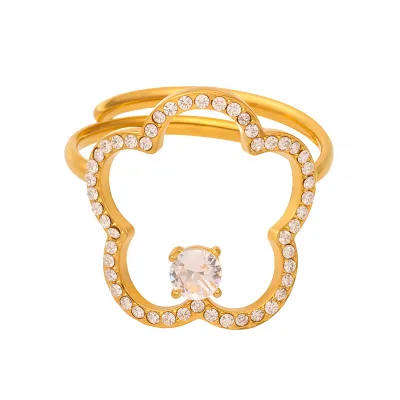 Best-selling Shiny Flower Ring Stainless Steel Plated with 18K Real Gold Adjustable Ring