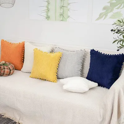 Christmas Boho Decorative Throw Pillow Covers with Pom Poms Soft Corduroy Square Solid Cushion Cases for Couch Sofa Bedroom