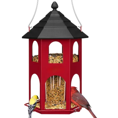 Heavy-Duty Metal Bird Feeder Large Seed Capacity 4 Lbs Polygon Perch Made Iron Powder Coated Movable Easy Clean Outdoor Bird