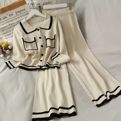 Wholesale 2026 Retro Color-blocking Lapel Long-sleeved Sweater Autumn High-waisted Loose Fit Wide-leg Pants Women's Set