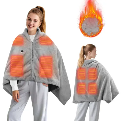 USB Electric Heating Shawl 3 Heating Levels Wearable Heated Shawl Washable Shawl Blanket with Zipper
