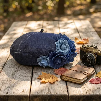 Wholesale Denim Unisex Beret Hat with Flower 100% Cotton Breathable Fashion Style Party Casual Outdoor All Seasons