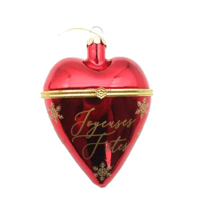 Openable Red Heart Glass Christmas Ornament Golden Snowflake Print Hanging Pendant Xmas Tree Holiday Gift Decor