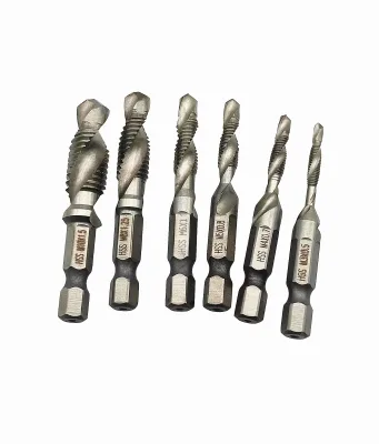 High Speed Steel Hex Shank 6pcs/Set M3 M4 M 5M6 M8 M10 Thread Spiral Screw and Composite Tap Drill Bit
