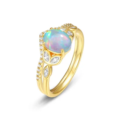 Vintage Opal Ring Jewelry Oval Cut Halo Engagement Ring Set Unique Wedding Bridal Anniversary Rings