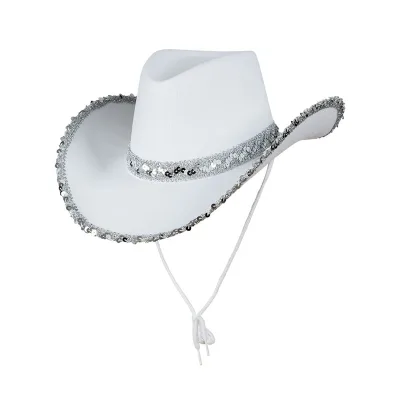 Women Party Hat Bright Color Concave Top Wide Brim Sequin Cosplay Contrast Color Dance Show Western Cowboy Headwear Decorations