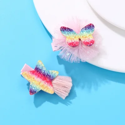 Europe and america children's hair clip Lace flower bow Colorful five-pointed star fringe hair clip