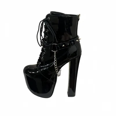 Leather Waterproof Platform Thick-heeled Ankle Boots Female Metal Chain Rivet Lace-up Closed Summer Dark Spice Girl Stage Perfo