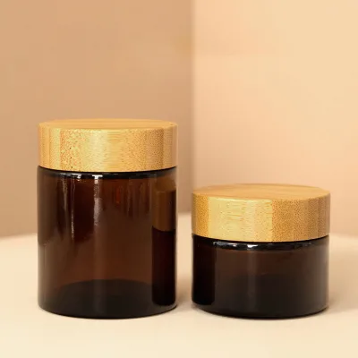 Eco-Friendly 50g 100g Bamboo Screw Cap Glass Jar Flat for Diffusers 30ml Amber Glass Cream Jar With Bamboo Lid