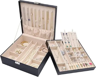 Large 2-Layer Leather Jewelry Box Organizer Lady Fashion Storage Case with Removable Pad
