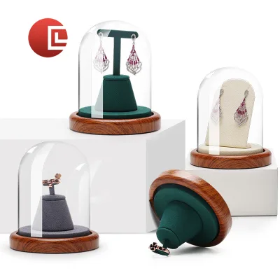 Dustproof Glass Dome Jewelry Display Stand, Ring & Earring Holder with Cover, Countertop Display Prop for Store
