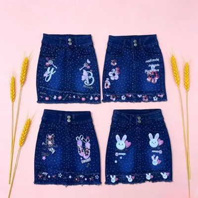 5.45 Dollar Model ZT001 Kids Cartoon Printed Denim Skirt Full Rhinestone Decor Girls Short Jean Skirt Cute Denim Mini Skirt