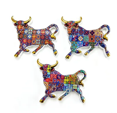 Wholesale Resin Bull Fridge Magnet Water Transfer Print Colorful Mosaic Spanish Bull Refrigerator Magnet Tourist Souvenir Gift