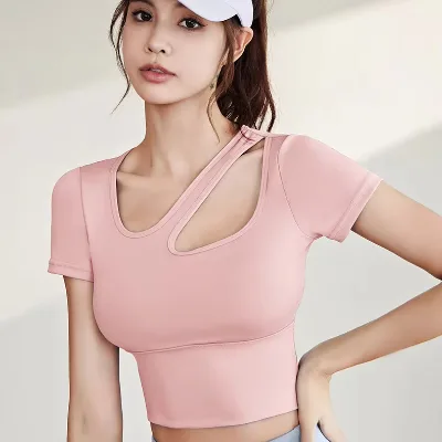 Yoga Shirts Women Diagonal Shoulder Hollow Out Sports Tees Short Sleeve T-Shirt With Padded Fitness Sportswear Workout Gym Tops