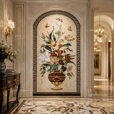 Premium Stone Mosaic Wall Mural European Flower Vase Handmade Marble Art Decoration Panel for Hotel Bathroom Home