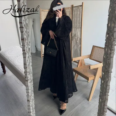 Hafizah Black Lace Abaya Muslim Women Long Gown Floor Length Modest Prayer Dress Customized Islamic Apparel