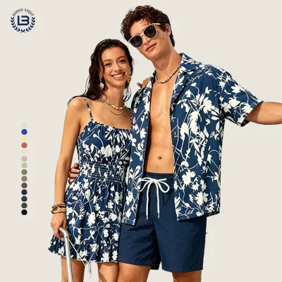 OEM ODM Men Hawaii Beach Matching Set Navy White Floral Print Shirt Solid Drawstring Shorts Bulk Wholesale Men Suits
