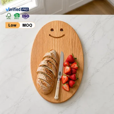 Wholesale Custom Logo Red Oak Wood Plate Cute Smiley Face Oval Serving Tray for Restaurant Gourmet Presentation