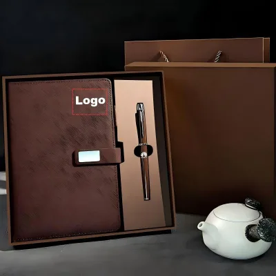 High-end Custom Logo Leather Cover Business Gift Box Gift Bag Magnetic Notebook With Pen Refill and USB Flash Drive Set