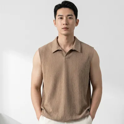 95% Polyester 5% Spandex Jacquard Texture Men V-Neck Tank Top Elastic Hem Sleeveless Polo Shirt Man
