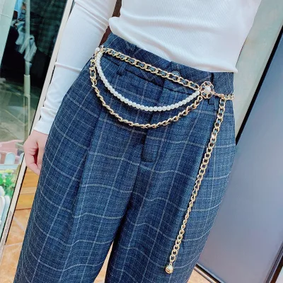 2025 New for Style Metal Women's Decoration Skirt Suit Thin Belt French Style Woven Pearl Waist Chain 100cm Length Copper