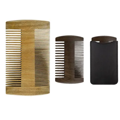 Custom Logo Natural Wooden Beard Styling Oil Hair Comb Double Sided Beard Wide and Fine Tooth Pocket Comb with Leather Bag