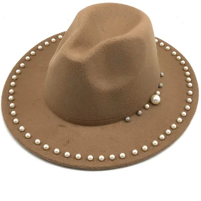 High Quality Pearl Fedora Hats Wide Brim Women Fashion Fedora