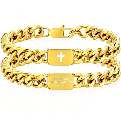 2PCS Stainless Steel Cuban Link Bracelet Customized Engraved Logo Faith Cross Non Tarnish Chain Bracelets for Men Jewelry