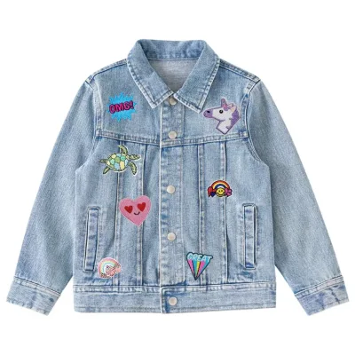 Wholesale Long Sleeve Light Blue Wash Acid Jacket Custom Embroidery Patch Kids Girls Denim Jackets