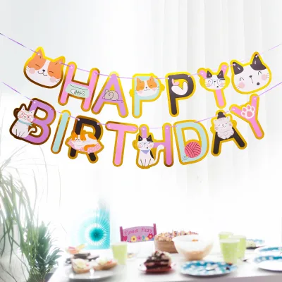 Hot Stamping Cat Happy Birthday Banner Paper Party Decoration Props
