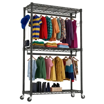 Modern Heavy Duty Rolling Garment Rack with 3 Tiers Double Rods 3 Wire Shelves Anti-Slip Design Free-Standing