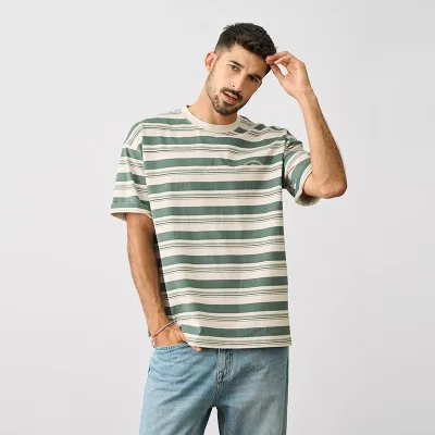 Custom 100% Cotton Striped Mens Boxy Tshirt Embroidery Letters High Quality Casual T Shirts Men