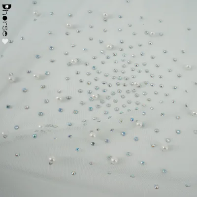 China Factory Direct Bling Bling Mesh Lace Fabric With Rhinestone and Pearls