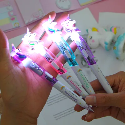 Creative Cartoon Unicorn Light Pen Cute Glowing Ballpoint Pen Student Stationery 0.5mm Writing Tool School Supplies