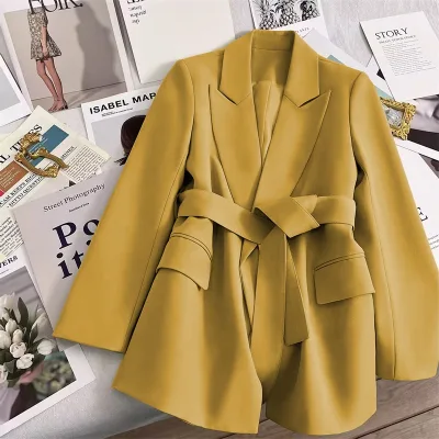 Women Belted Waist Blazer Lapel Long Sleeve Elegant Office Outerwear