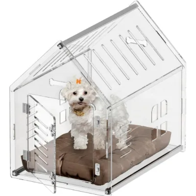 Acrylic Dog House Clear Indoor Cat House with Door 24" L X 18" W X 23" H Modern Dog House Crate for Most Small Dogs Cats Pets