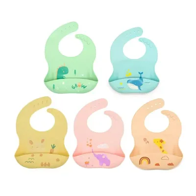 Customized Cute Printed Comfortable Soft Adjustable Wipe Clean Baby Silicone Bibs Waterproof Feeding Bib for Kid Toddler Dining