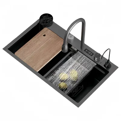 Kitchen Modern Digital Display Rain Waterfall Stainless Steel Single Bowl Dishwasher Sink with Faucet Above Counter