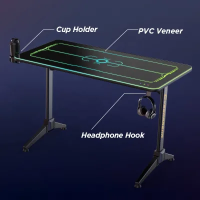 BLD02-126 Ambient RGB Lighting Gaming Desk Touch Button Control Panel 47 Inch Black PC Computer Table with Cup Headphone Holder