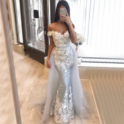 3D Flower Applique Long Mermaid Turkish Evening Dresses With Detachable Train