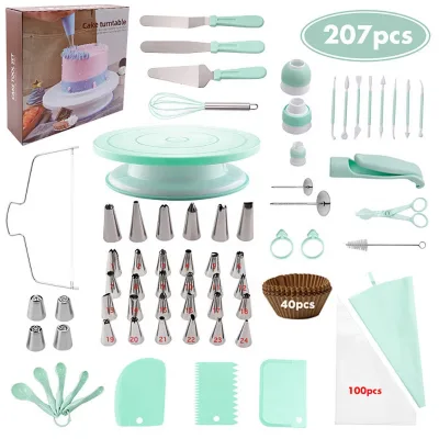 207pcs Stainless Steel Cake Turntable Set Nordic Color Baking Tool Set Piping Nozzle Spatula Eco-Friendly Hand-made Turntable