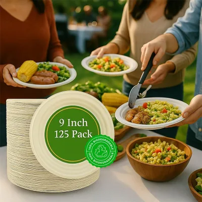 9 Inch Bagasse Plate Eco-Friendly Disposable Tableware FDA LFGB Certified Waterproof 100°C Heat Resistant for Bulk Food