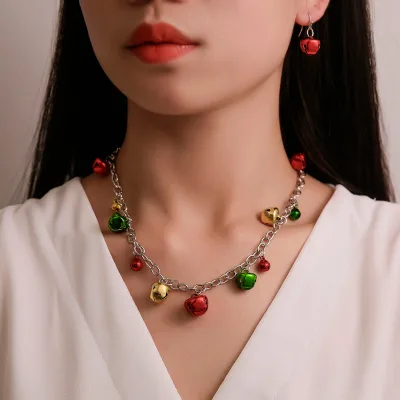 Wholesale New Gold Plated Christmas Necklace Set Jewelry Colorful Bell Necklace Bracelet Earrings Festival Gifts