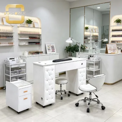 White Manicure Table with Reserved Dust Collector Holes and Movable Side Drawers for Commercial Nail Studios