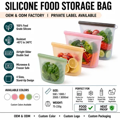 Custom Logo BPA Free Reusable Food Grade Silicone Ziplock Food Storage Bags Airtight Stand up Freezer Microwave Safe OEM ODM