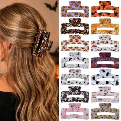 Halloween Hair Claw Clips for Women Pumpkin Ghost Sparkle Powder Print Medium Ponytail Hair Clip Acrylic Shark Claw Clips