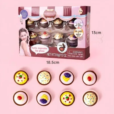 Cupcake Shaped Kids Lip Gloss Set, Washable Cosmetic Toy, Beauty Play Kit for Little Girls Pretend Play Birthday Party Gift
