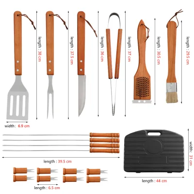19 Piece Set of Wooden Handle Barbecue Tools, Stainless Steel Outdoor Barbecue Set, BBQ Plastic Box, Iron Signature for Barbecue
